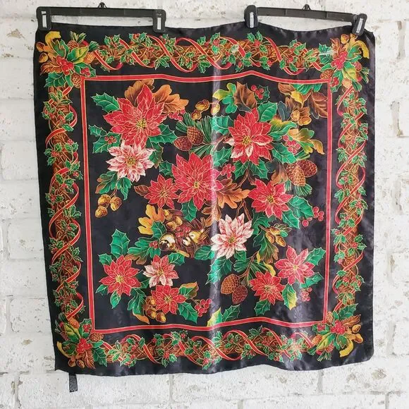 VTG Womens Christmas Scarf Poinsettia Acorn Red Green Holiday Scarves - Picture 5 of 7